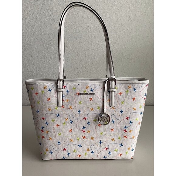 Michael Kors Jet Set Carryall Airplanes Tote Bag White Multicolor NEW - Picture 2 of 15